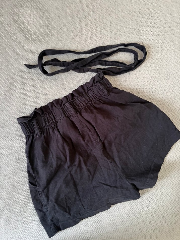 Siyah Keten Beli Kuşaklı Şort - Görsel 4