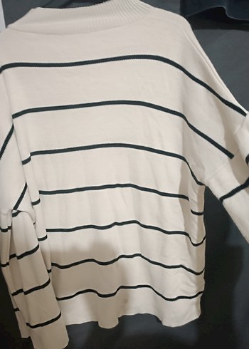 Beyaz Çizgili Kadın Triko Kazak tunik - Görsel 2