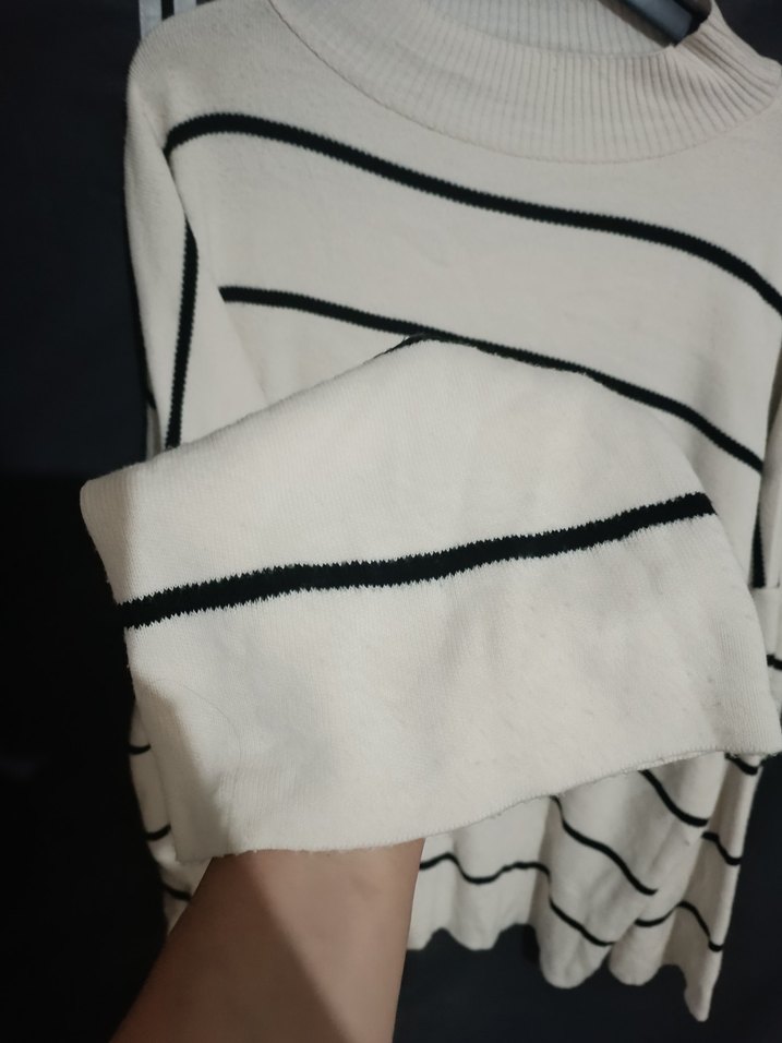 Beyaz Çizgili Kadın Triko Kazak tunik - Görsel 5