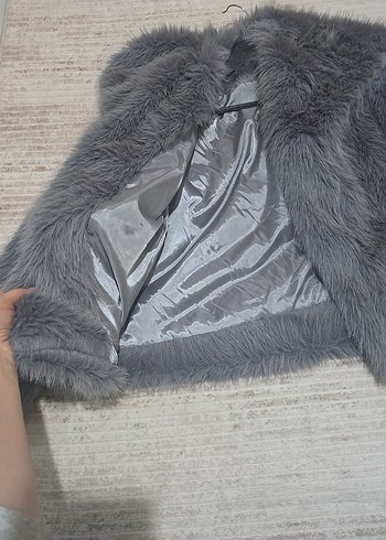 Gri Kürklü Kadın Midi Boy Mont - Görsel 3