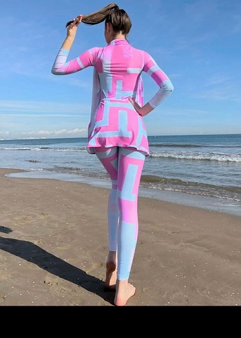 Pembe Tie-Dye Uzun Kollu Fermuarlı Kadın Mayo xl ama m ve L olur - Görsel 2