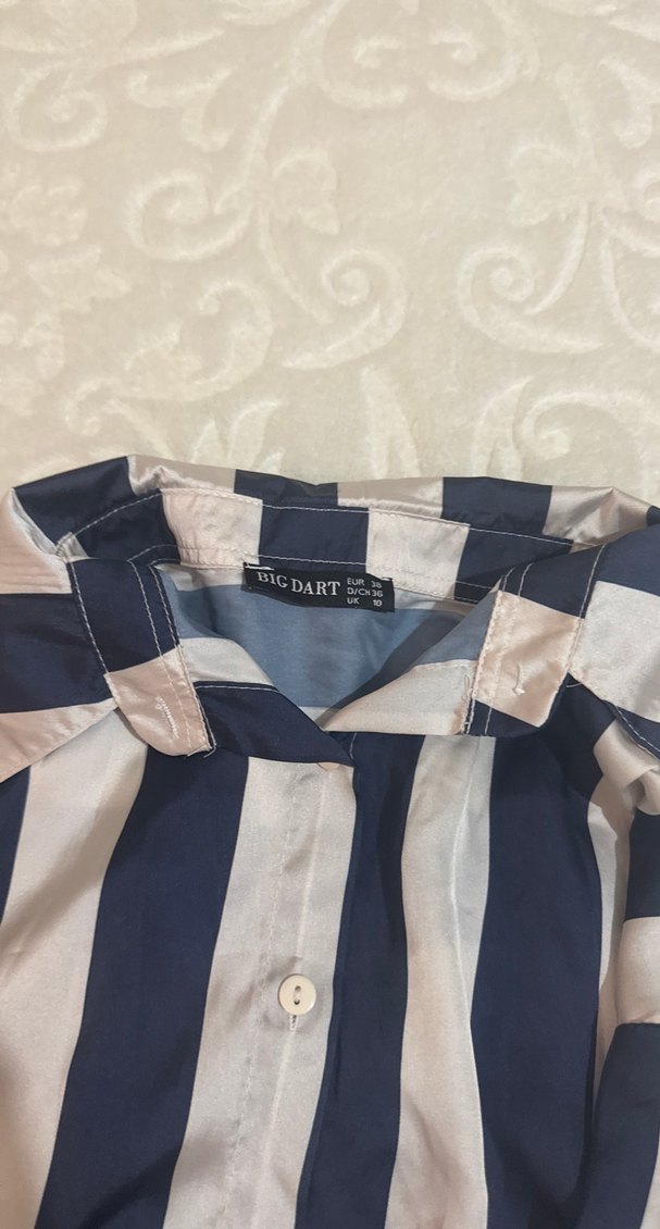 Düğmeli, Uzun Kollu Çizgili Gri Kadın Gömlek - Görsel 3