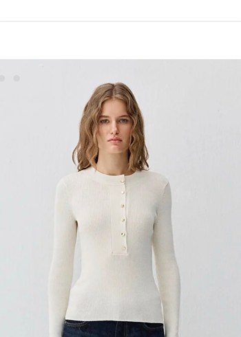 Düğmeli yün karışımlı ekru kazak - Görsel 4