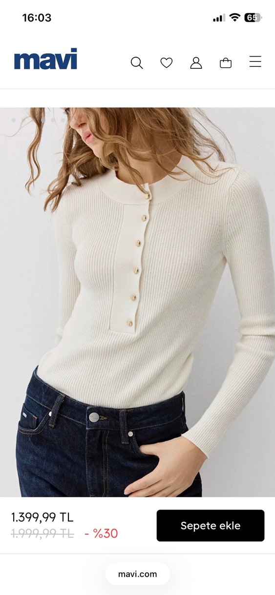 Düğmeli yün karışımlı ekru kazak - Görsel 3