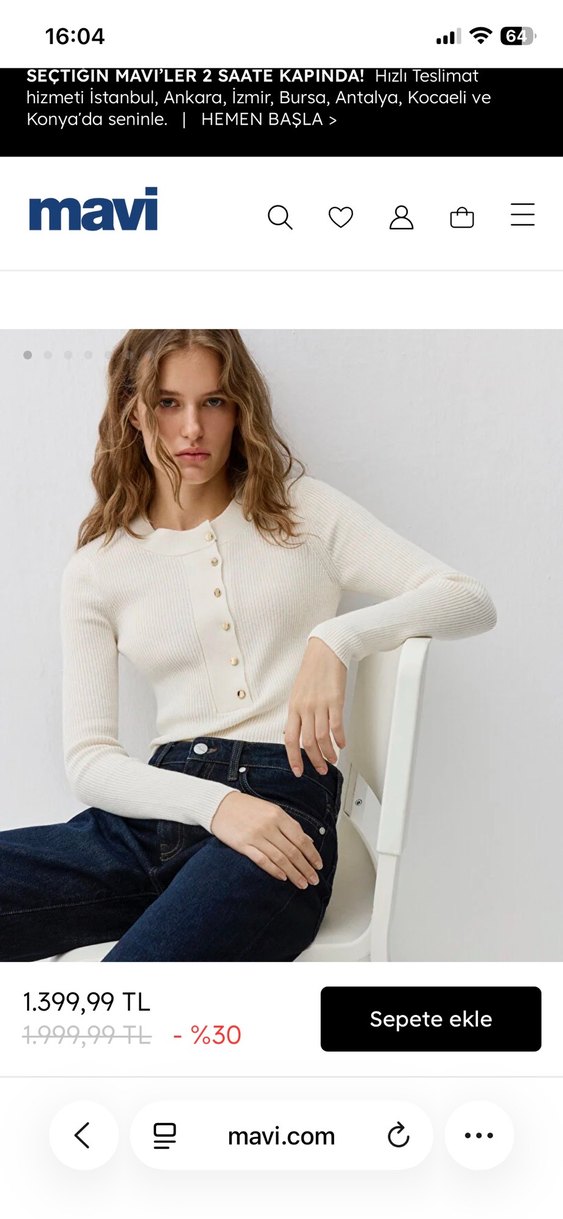 Düğmeli yün karışımlı ekru kazak - Görsel 2