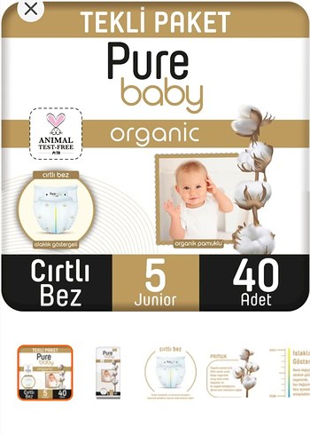 Pure Baby Organik Pamuk 5 Junior 40 Adet Cırtlı Bez