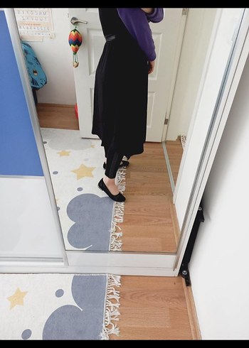 l Beden Uzun Kollu Mor ve Siyah Geniş Kesim Midi Elbise