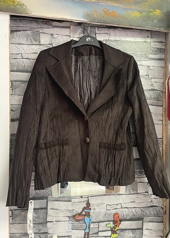 Kahverengi Pilili Kadın Keten Blazer Ceket