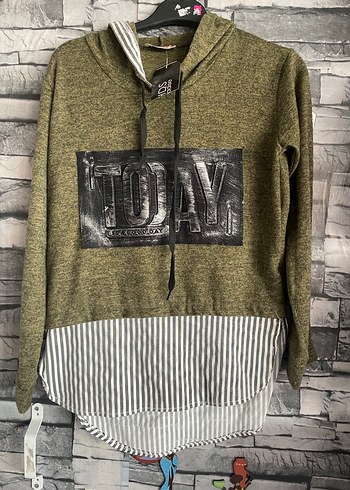 Haki Kapüşonlu Uzun Kollu Triko Sweatshirt