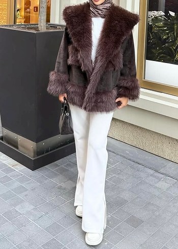 Diğer Kahverengi Tüylü Süet Angora Kadın Mont Ceket
