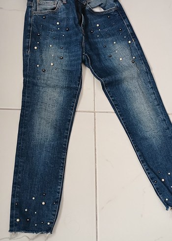 xs Beden Boncuk Detaylı Mavi Kadın Kot Pantolon