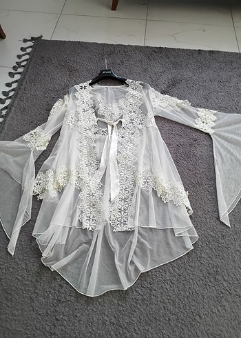 Uzun Beyaz Bohem Nakışlı Kadın Sabahlık - Görsel 12