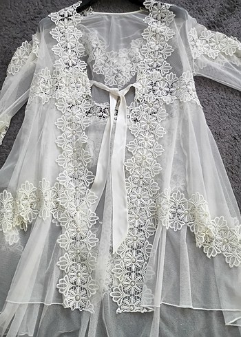 Uzun Beyaz Bohem Nakışlı Kadın Sabahlık - Görsel 13