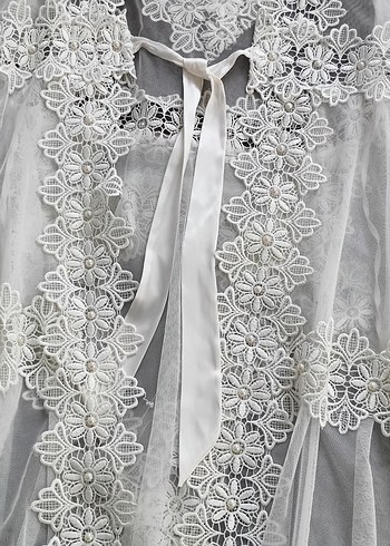 Uzun Beyaz Bohem Nakışlı Kadın Sabahlık - Görsel 14
