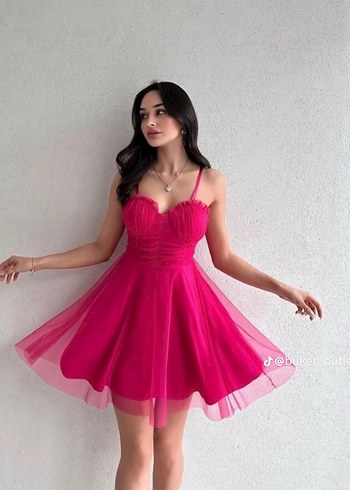 Pembe Mini Drapeli Kadın Abiye Elbise
