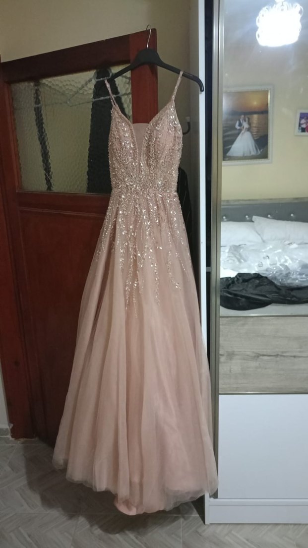 Pembe İşlemeli Uzun V Yaka Abiye Elbise - Görsel 4