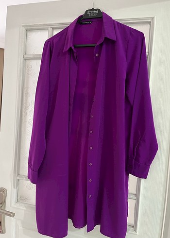 Düğmeli Mor Kadın Gömlek tunik - Görsel 4