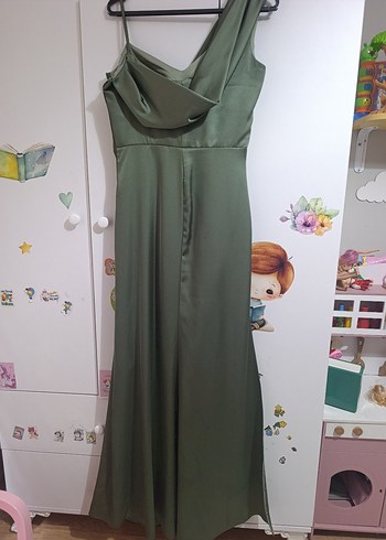 Parlak Yeşil Drapeli V Yaka Uzun Abiye Elbise - Görsel 7