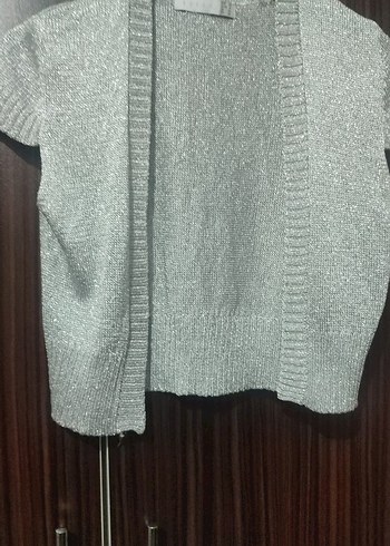 Gri Kısa Örgü Kadın bolero gümüş simli