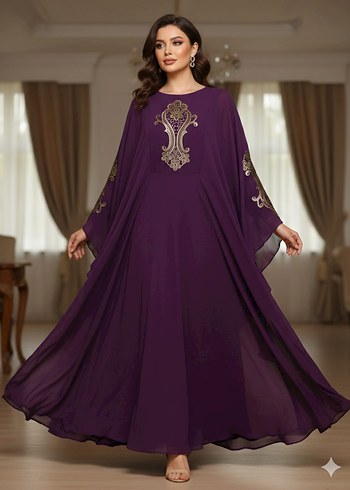 Mürdüm Rengi Altın İşlemeli Şık Kaftan Abiye - Görsel 12