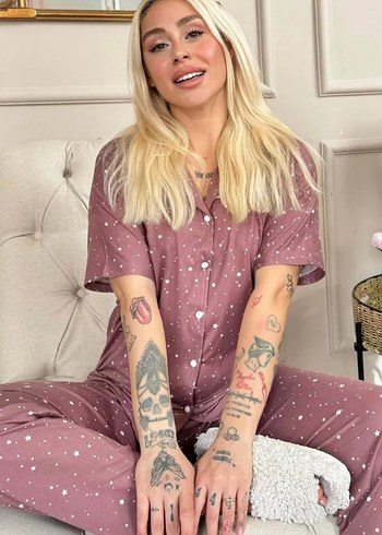 s Beden Gri Ay Desenli Kısa Kollu Geniş Kesim Pijama Takımı