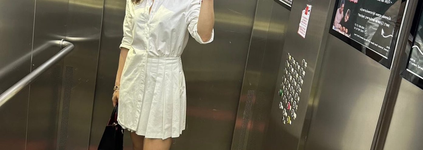 Beyaz Uzun Kollu Keten Mini Elbise - Görsel 2