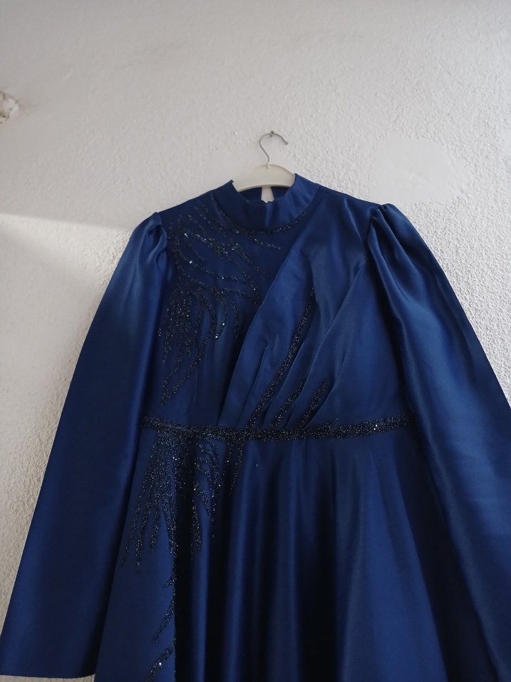 Lacivert Uzun Kollu Kadın Abiye Elbise - Görsel 4