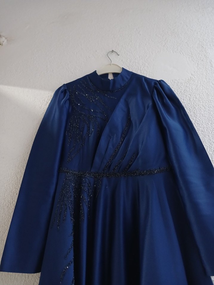 Lacivert Uzun Kollu Kadın Abiye Elbise - Görsel 3