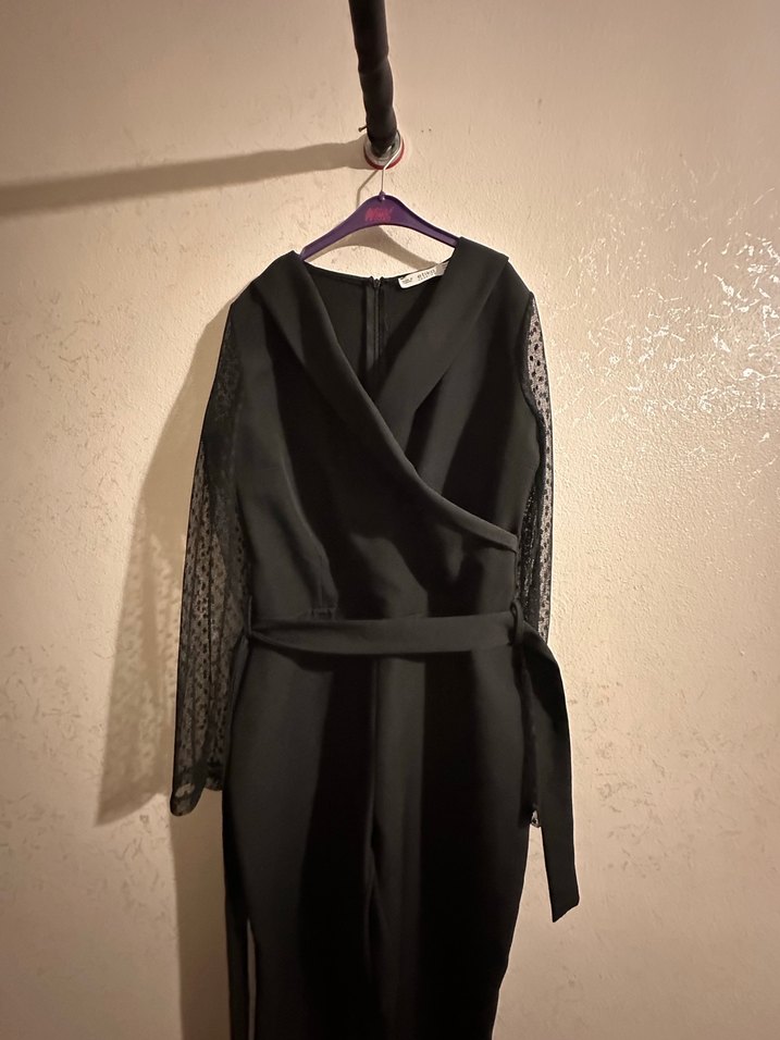 Siyah Uzun Kollu Drapeli Kadın Tulum - Görsel 3