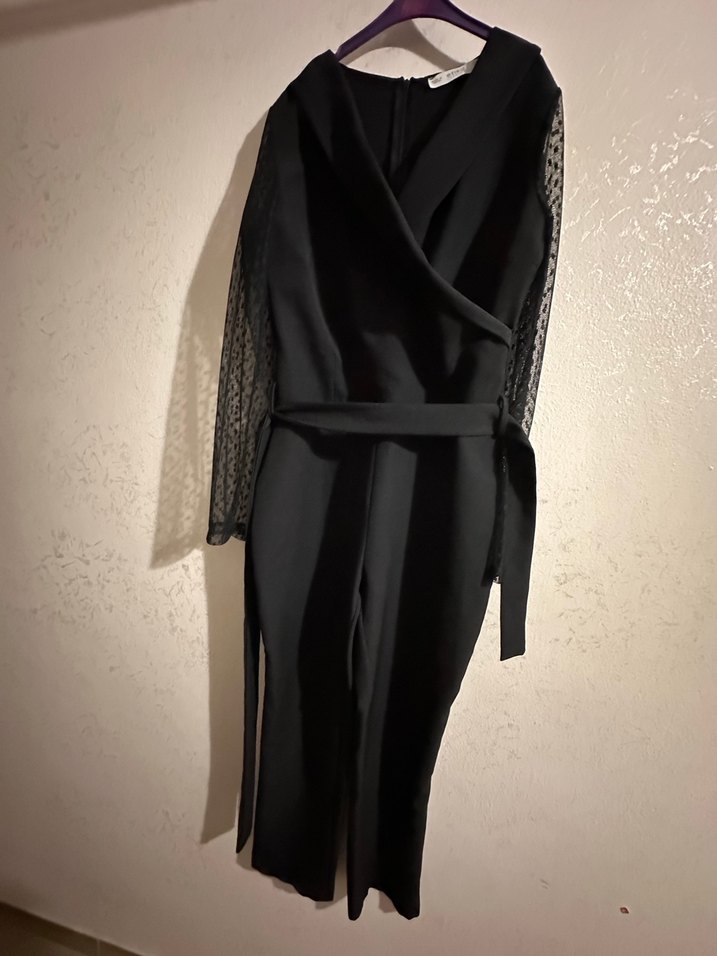 Siyah Uzun Kollu Drapeli Kadın Tulum - Görsel 4