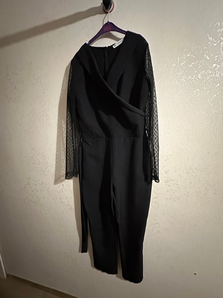 Siyah Uzun Kollu Drapeli Kadın Tulum - Görsel 2