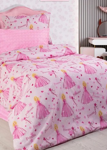 Tek kişilik Pembe Baskılı Prenses Desenli Nevresim Takımı