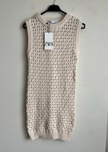 Zara Bej Örgü Kolsuz Bohem Süveter Elbise tunik