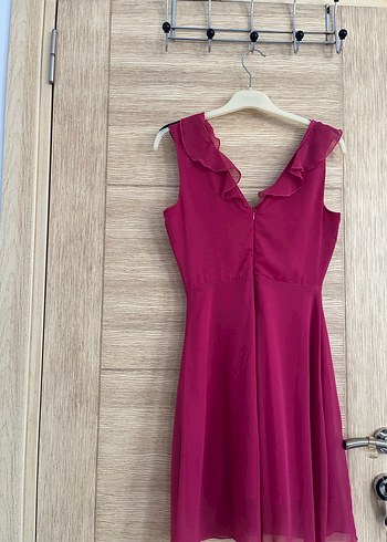 Pembe Mini V Yaka Fırfırlı Abiye Elbise - Görsel 3