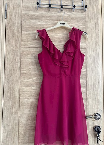 Pembe Mini V Yaka Fırfırlı Abiye Elbise - Görsel 2