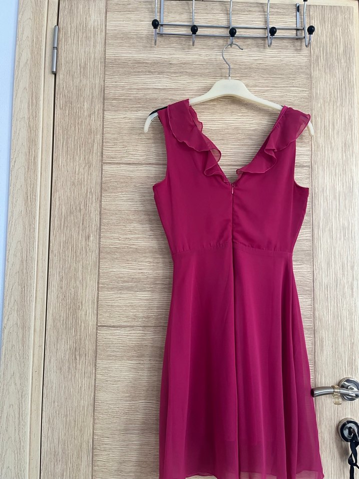 Pembe Mini V Yaka Fırfırlı Abiye Elbise - Görsel 3