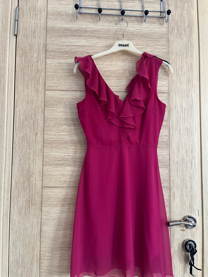 Pembe Mini V Yaka Fırfırlı Abiye Elbise - Görsel 2