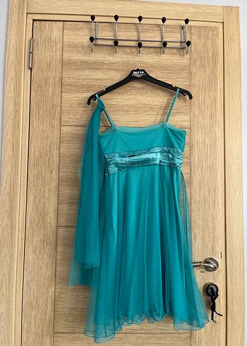 Drapeli Turkuaz Mini Abiye Elbise - Görsel 3