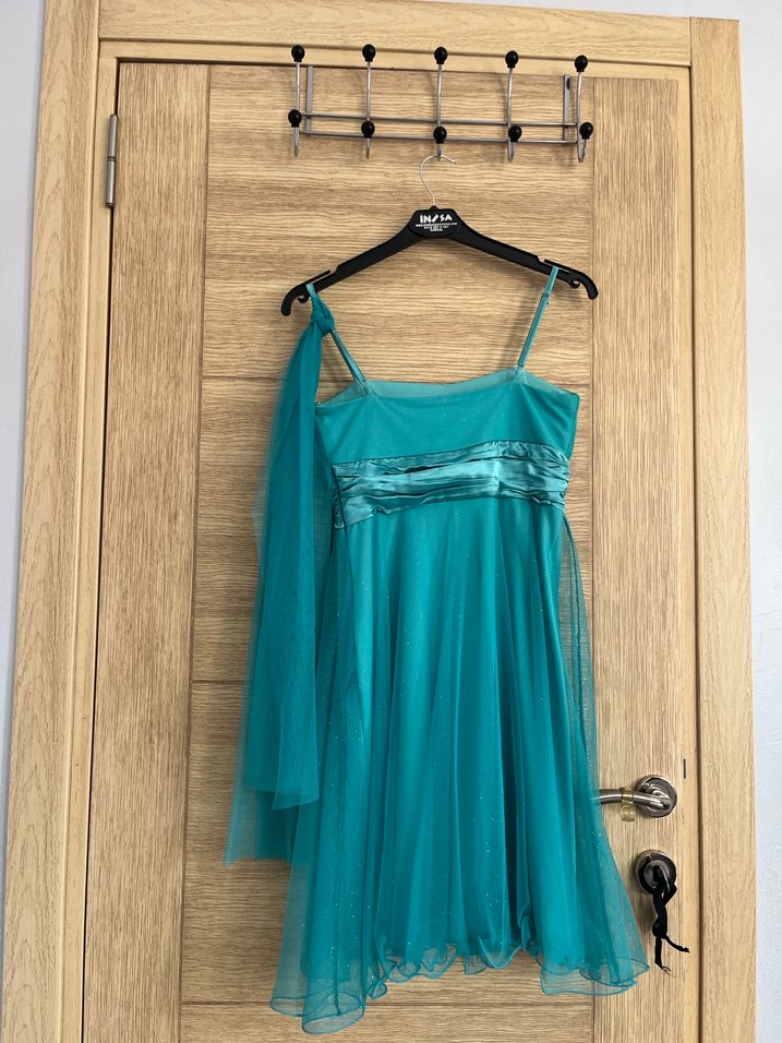 Drapeli Turkuaz Mini Abiye Elbise - Görsel 3