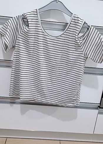 l Beden beyaz Renk Kız Çocuk Gri Çizgili Kısa Kollu Tişört