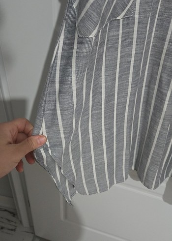 Gri Çizgili Uzun Keten tunik - Görsel 5