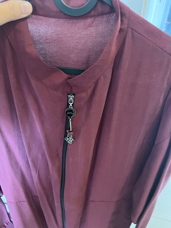 Bordo Kadın Uzun Oversize Fermuarlı Kaban - Görsel 5