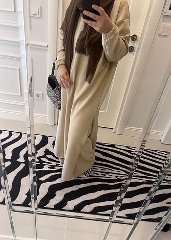 Bej Kadın ince triko Uzun Salaş Elbise takım - Görsel 2