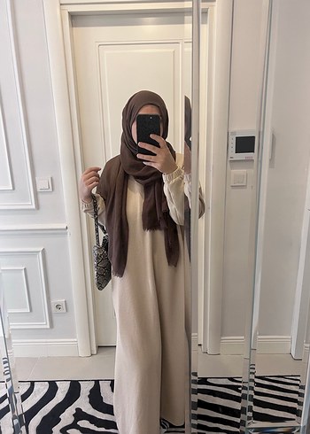 Bej Kadın ince triko Uzun Salaş Elbise takım - Görsel 3