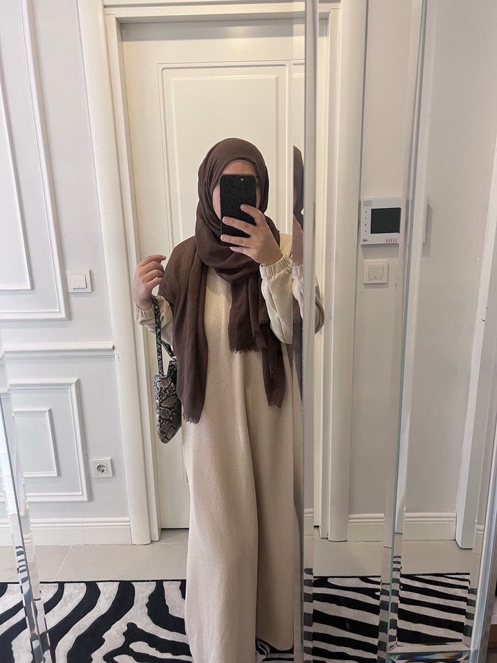 Bej Kadın ince triko Uzun Salaş Elbise takım - Görsel 3