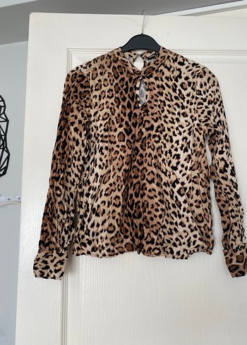 Leopar Desenli Kadın Uzun Kollu Bluz M