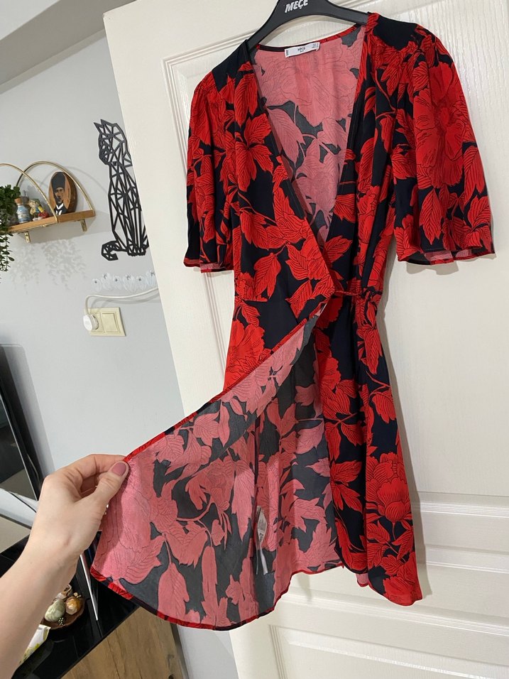 Mango Kırmızı V Yaka Salaş Kadın Elbise S - Görsel 2