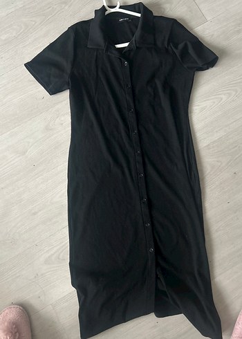 Düğmeli Siyah Midi Ofis Elbisesi - Görsel 2