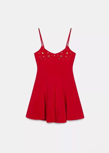 Kırmızı İşlemeli İnce Askılı Mini Elbise - Görsel 4