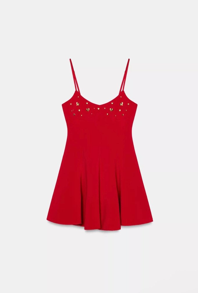 Kırmızı İşlemeli İnce Askılı Mini Elbise - Görsel 4